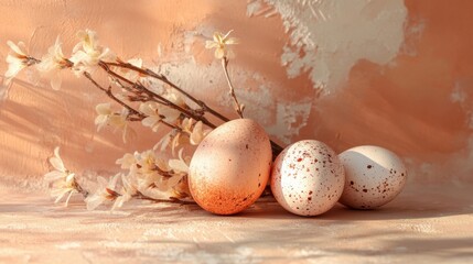 Fototapeta premium Decorative Easter Eggs on Soft Peach Background with Blossoms