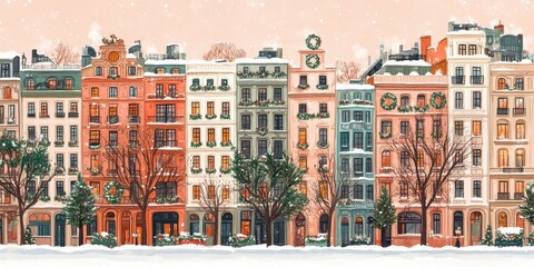 Obraz premium Christmas watercolor town, colorful old houses, European New Year charm
