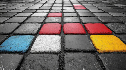 Colorful painted tiles on textured pavement create striking visual contrast. vibrant red, blue, yellow, and white tiles stand out against dark gray background, adding artistic touch