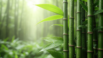 Obraz premium Lush green bamboo forest with dew covered leaves and soft light
