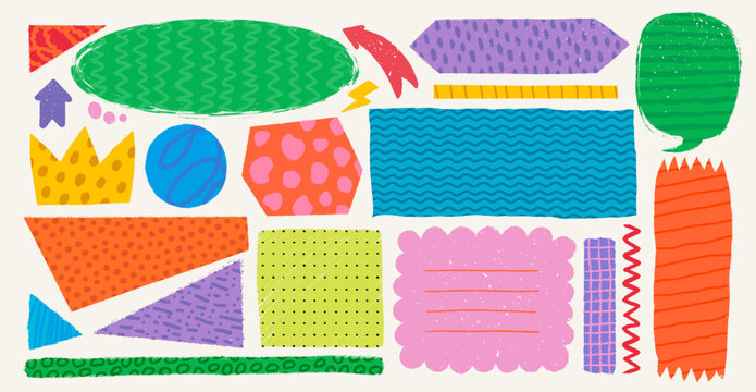 Simple shapes with various patterns in rough rustic style. Hand drawn vintage textboxes, banners and other forms with textures and patterns. Hand-drawn infographic Vector collection