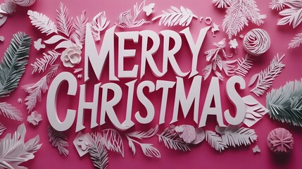 The Phrase "Merry Christmas", with Ornaments and Flowers, Abstract Image, Texture, Pattern Background, Wallpaper, Cover and Screen for Smartphone, PC, Laptop, 9:16 and 16:9 Format