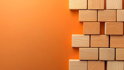 Unique viewpoint of minimalist action event featuring wooden blocks on vibrant orange background