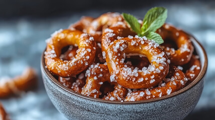 Crunchy pretzels coated in coarse salt, served in stylish bowl, perfect for snacking. fresh mint leaf adds touch of color and freshness to this delightful treat