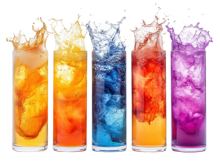 Colorful drinks splashing in glasses against a white background.