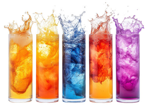 Colorful drinks splashing in glasses against a white background.