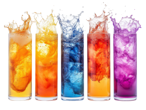 Colorful drinks splashing in glasses against a white background.