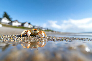 Burrowing Behavior. A crab walks along a sandy beach, reflecting in the water under a clear blue sky, with houses visible in the background.