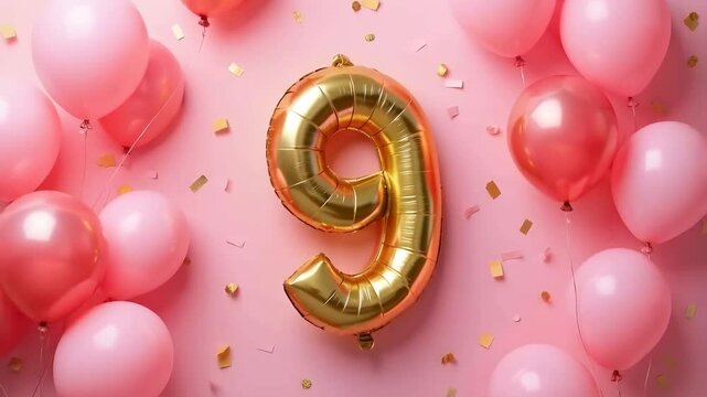 A pink and gold 9th birthday anniversary celebration with balloons and confetti	
