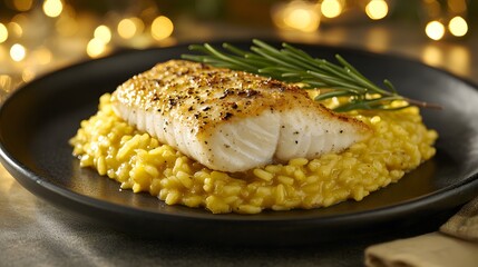 Barramundi is served beautifully on a bed of creamy risotto, garnished with fresh herbs. The dish showcases a delightful blend of flavors, perfect for a festive occasion.