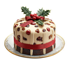 Festive cake decorated with holly and red ribbon, white isolated background.