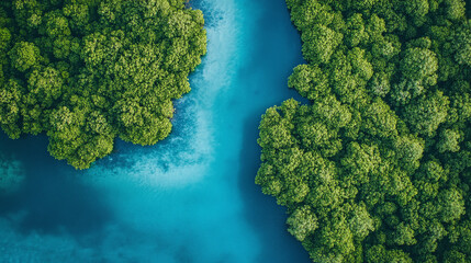 Naklejka premium Dense mangrove meets blue waters, forest creating ecosystem in swamp zones, environment where trees and jungle thrive, island shores with coastal sustainable habitat.