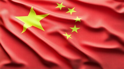 Closeup National Flag of China, Vibrant Red Color With Five Yellow Stars, Symbolic Image of China.