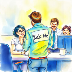 Young man with a "Kick Me" sign on his back while colleagues smile at the office
