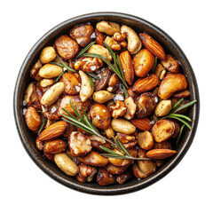 Mixed nuts in a bowl with herbs on a white isolate background.