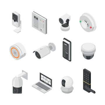 Home security isometric elements. Cctv, camera, signaling and code lockers. Control and protection house apartments or office. Digital technologies flawless vector set