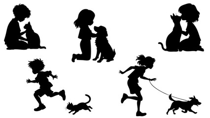 Stylish silhouettes set of children with cat and dog