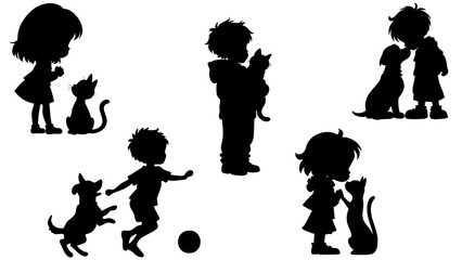 Stylish silhouettes set of children with cat and dog