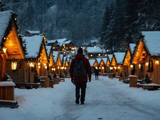 Obraz premium Christmas market, snow falling, wooden chalets, twinkling lights, festive atmosphere, shoppers
