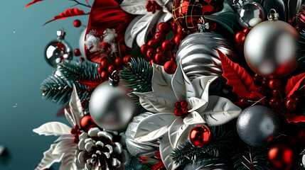 Elegant Christmas Decoration with Poinsettias, Red and Silver Ornaments..