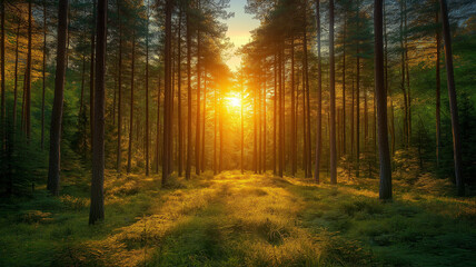 Obraz premium Golden Sunlight in a Pine Forest. Concept of tranquility, nature, and serenity.