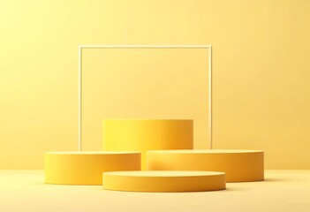Empty yellow podium crafted in a minimalistic style, set against a bold summer-inspired backdrop, ideal for showcasing products. 3D visualization. Created with generative AI technology