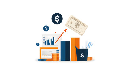 Flat vector financial market with graphs, charts, and abstract dollar symbols