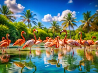 Colorful Tilt-Shift Photography of Flamingos Creating a Vibrant Pattern in a Tropical Oasis with Lush Greenery and Soft Blue Waters Under Clear Skies