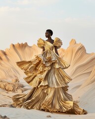 Stylish woman wearing a luxurious golden gown stands gracefully against a dramatic desert-like backdrop, embodying fashion and elegance.