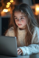 A young girl in a cozy sweater focuses on a laptop, illuminated by warm ambient lights, creating a serene mood.
