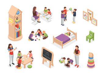 Isometric kindergarten. Children play, studying with teacher, drawing. Kids furniture, bed, bookshelf tables and chair. Preschool kids flawless vector set