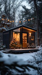 Charming small cabin adorned with holiday lights amidst a snowy forest. A warm, festive escape perfect for winter evenings.