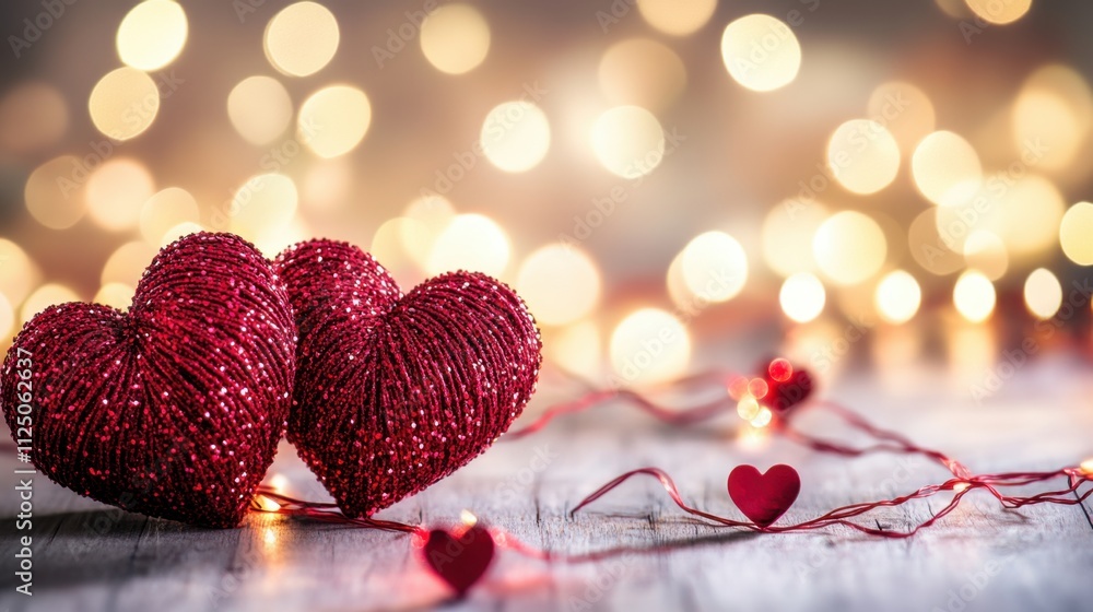 Poster sparkling red hearts on wooden table with soft bokeh background