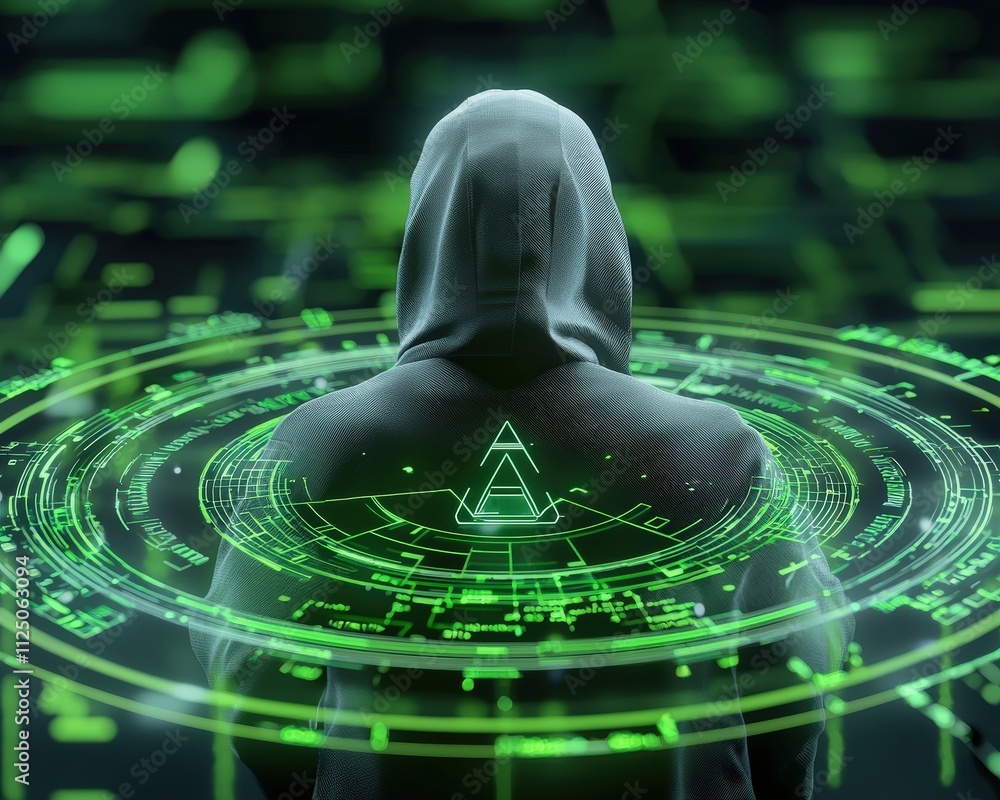 Poster a hooded figure analyzing fake bitcoin transactions on a digital ledger.