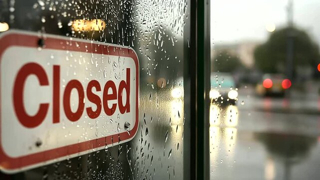 1_Closed Sign on Shop Door with Raindrops on Glass Window