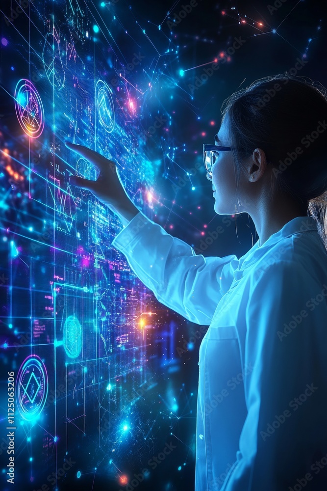 Poster female scientist analyzes futuristic interface, exploring data visualization and tech innovation