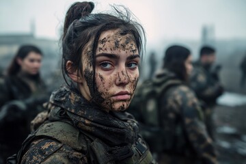 Fototapeta premium Young caucasian female soldier with mud-soaked face in military gear in foggy setting