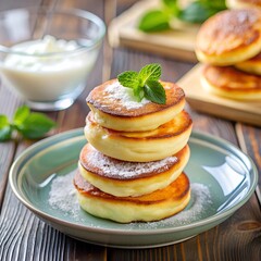 A delightful stack of fluffy pancakes garnished with powdered sugar and a fresh mint leaf sits on a rustic plate. A bowl of creamy yogurt and mint accents the cozy setting