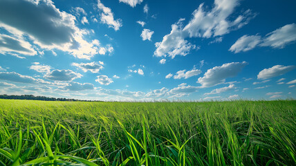 Vast green field under a vibrant blue sky. Concept of nature, peace, and tranquility.