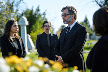 Funeral director guiding mourners at a cemetery service