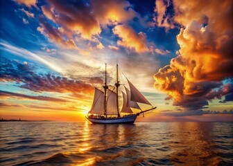 Fototapeta premium Columbus Day Celebration: Vintage Sailboat on the Sea at Sunset, Capturing the Spirit of Discovery and Adventure in a Cinematic Sky, National USA Holiday Portrait Photography
