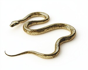 Obraz premium A sleek golden snake on a clean white background, showcasing elegance, simplicity, and exotic beauty.