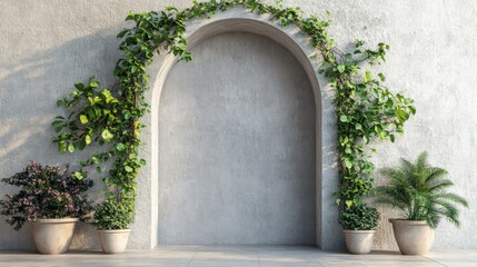 Archway Entrance Decorated With Lush Greenery And Planters