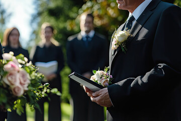Funeral director guiding mourners at a cemetery service