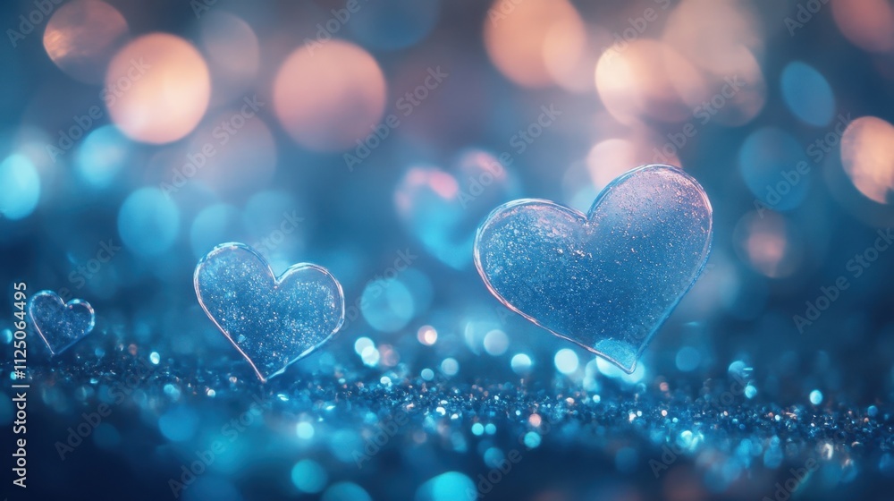 Poster shimmering ice hearts with bokeh lights in abstract background