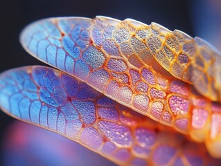Fototapeta premium Macro photo of an insect wing, delicate veins, translucent texture, iridescent colours