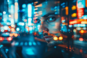 Fototapeta premium Young caucasian male reflection in a vibrant urban nightscape with neon lights