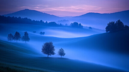 Obraz premium Foggy fields at twilight with a cool blue hue in the sky.