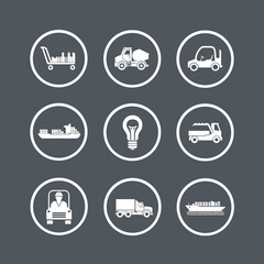 Fototapeta premium Industrial icon set, ship, trolley, car, bulb, shipment
