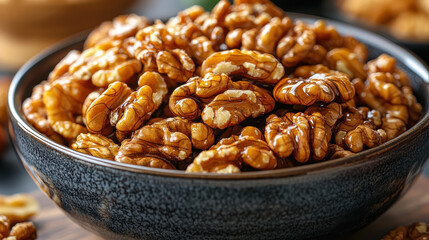 Obraz premium Delicious organic walnuts in dark bowl, showcasing their rich texture and color, perfect for healthy snacking or cooking. Enjoy natural goodness!